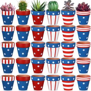 Chunful 24 Pack 4th of July Centerpieces Patriotic Pots 2.56 Inch American Flag Planters Party Favors Gifts Mini Terracotta Pots with Hole for Cactus Flower for Independence Day Decor