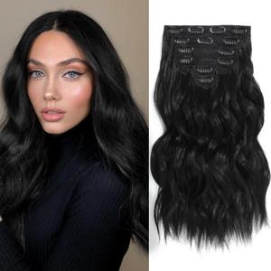Clip in Hair Extensions, 6 PCS 1 6 Inch Hair Extensions Clip Ins, Black Long Wavy Hairpieces(16inch, 6pcs, Black) (16 Inch ( 6 PCS ), Natural Black)