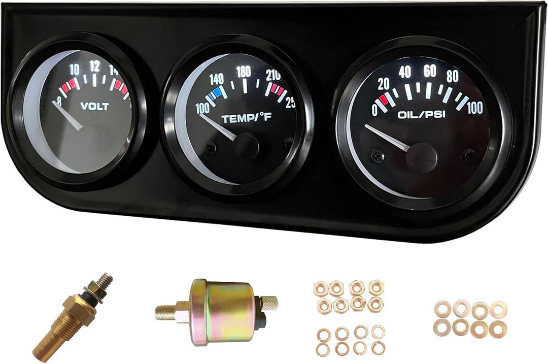 52mm 3 in1 Car Meter Auto Gauge Kit(8-16V Volt Meter +100-250 Water Temperature Gauge+ 0-100 psi Oil Pressure Meter) Triple Auto Dashboard Gauge Set with Black Console for 12V Cars