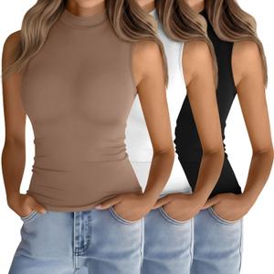 Ficerd 3 Pack Women's Sleeveless Tank Tops, Mock Neck Summer Shirts Slim Stretch Basic Tops Lightweight Knit Tee (Black, White, Coffee)