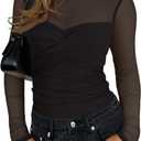 REORIA Women's Sexy Round Neck Long Sleeve Trendy Front Twist Knot Sheer Mesh Ruched Going Out Bodysuits Tops (Medium, Black)