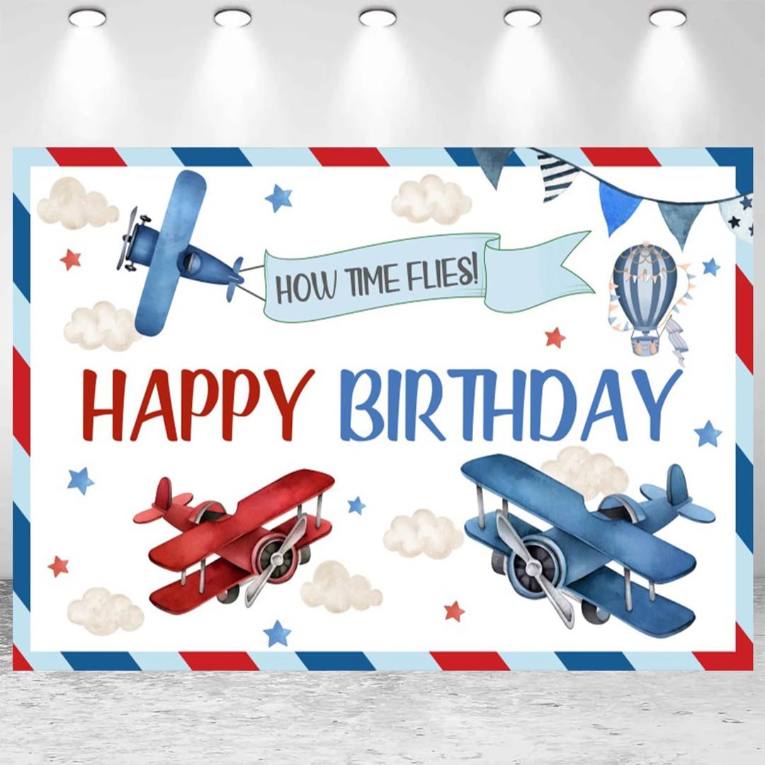7x5ft Airplane Happy Birthday Backdrop Red Blue Airplane Boys Birthday Party Photography Background How Time Flies Happy Birthday Decorations Kids Portraits Banner Photo Studio Props