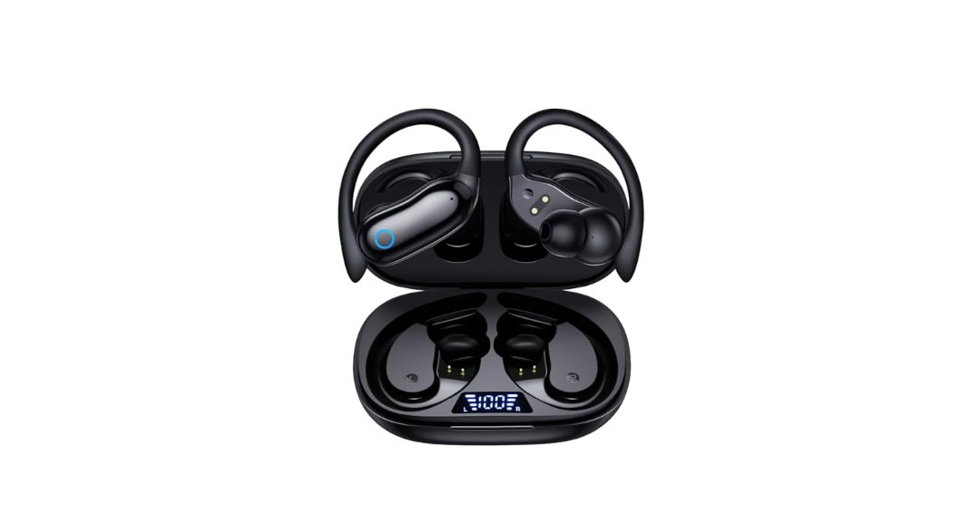 GNMN Ear Buds Wireless Earbuds 96hrs Playback Bluetooth Headphones IPX7 Waterproof Stereo Bass Over-Ear Earphones with Earhooks Microphone LED Battery Display for Sports/Workout/Gym/Running Black