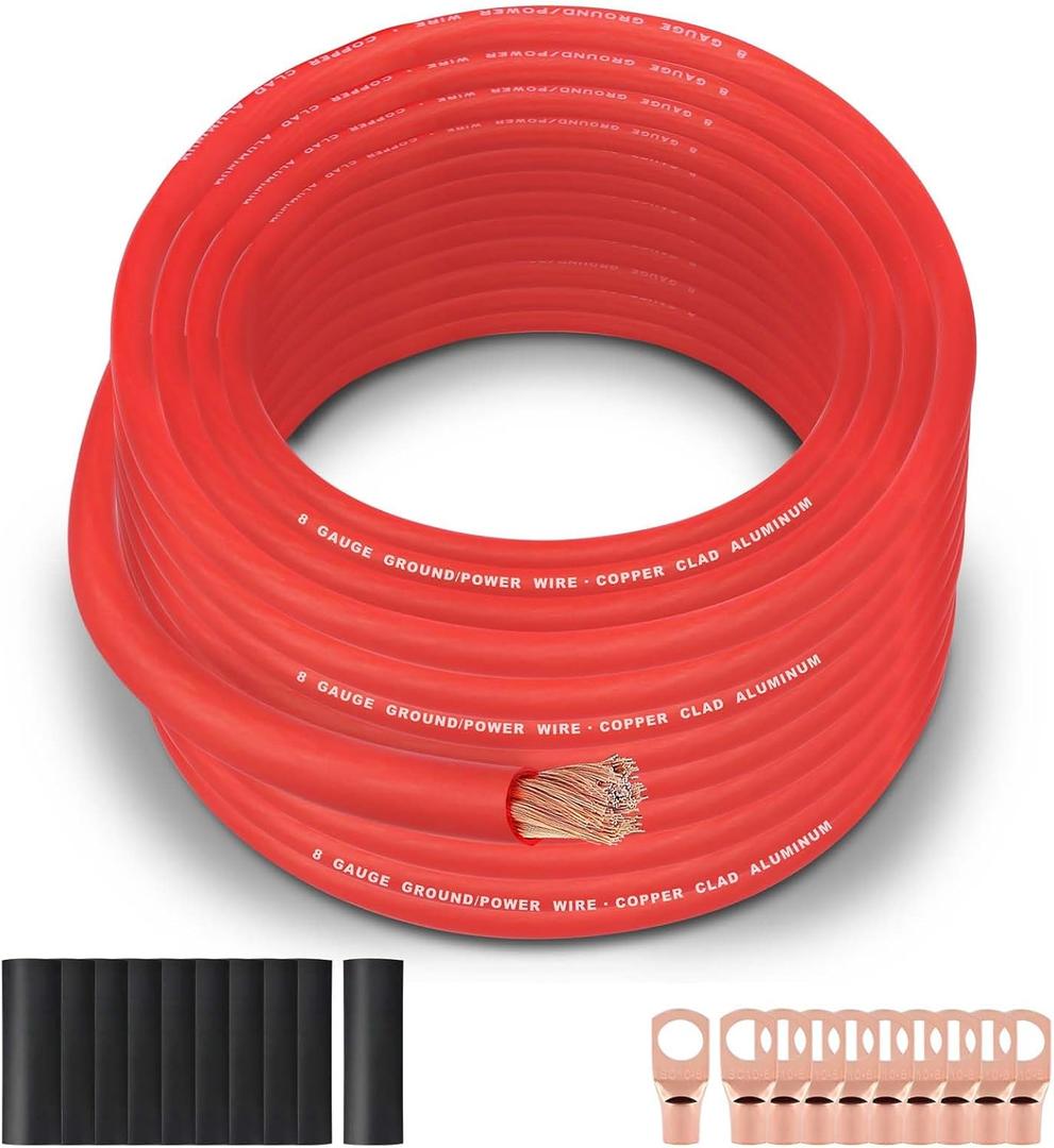 8 Gauge Wire (50FT Red) SGANGCAR True Spec Power Ground Wire Cable with 10 Lugs, 10 Heat Shrink Wrap,Copper Clad Aluminum CCA,for Power/Auto,Amplifier,Car Audio Speaker,Ground Cable