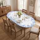 Horaldaily Spring Fitted Tablecloth 68 x 48 Inch Oval, Spring Wild Flowers Floral Blue Washable Table Cover Elastic Edged for Dining, Picnic, Camping, Banquet
