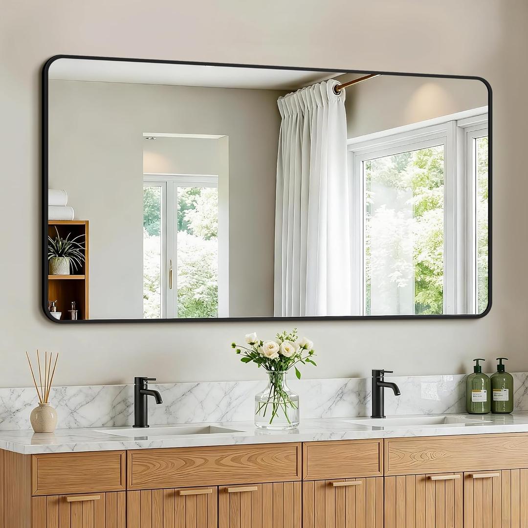 Bathroom Vanity Mirror for Wall, 55"x30" Wall Mounted Bathroom Mirror for Over Sink with Sturdy Metal Frame, Vertical or Horizontal, Living Room, Bedroom, Entryway(Black)