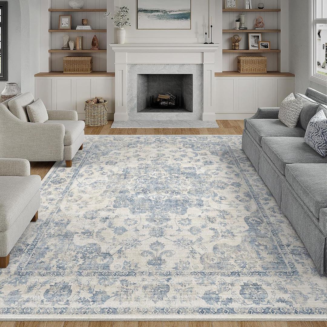 8x10 Washable Neutral Area Rug Blue Vintage Living Room Bedroom Carpet Non-Slip Soft Low Pile Farmhouse Indoor Large Throw Rug for Dining Room Office