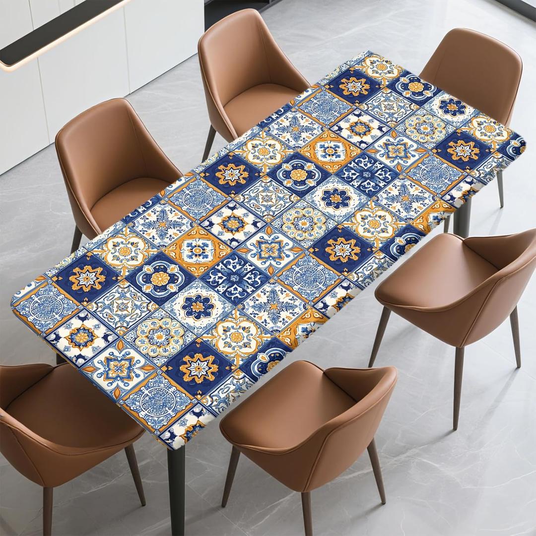 Rectangle Table Cover with Elastic Edge Design Waterproof Stain-Resistant Wipeable Fitted Table Cloth Fits 8 Foot Tables for Picnic, Camping, Outdoor, 96" x 30"