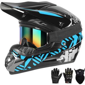 SPARK DOT Youth Motocross Helmet Kids Dirt Bike Helmets - Full Face, Lightweight & Breathable for Off-Road E-Bike BMX MX ATV (with Gloves Goggles Mask) 4Pcs Set, Small(55-56cm), Blue