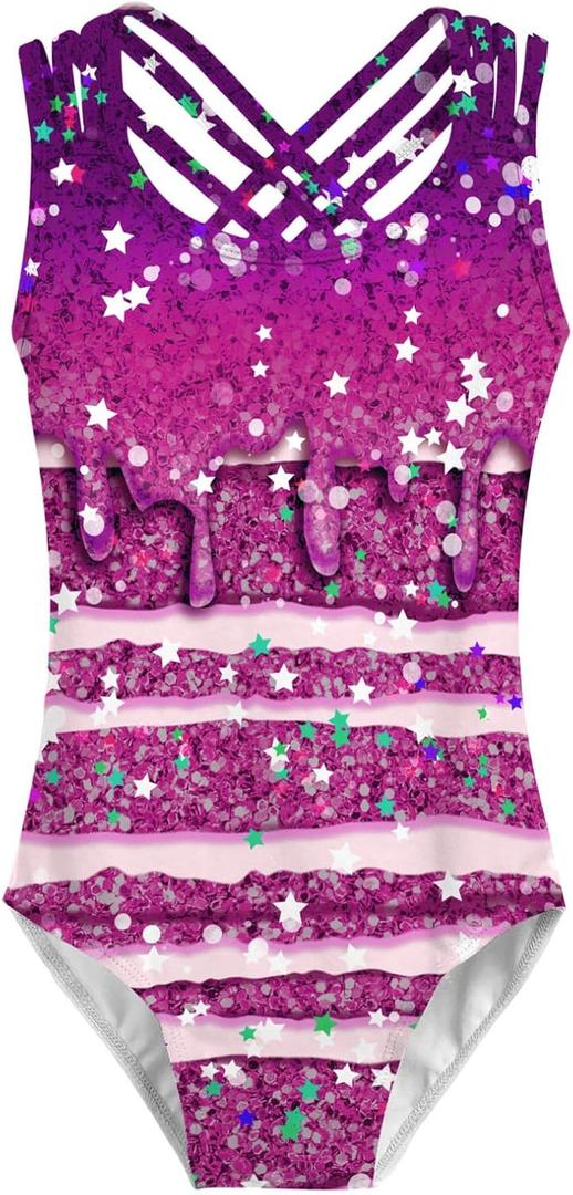 Vieille Gymnastics Leotards for Girls Criss Cross Straps Unitards Sparkly Tumbling Outfits 4-8T (5-6 Years, Purple Star)
