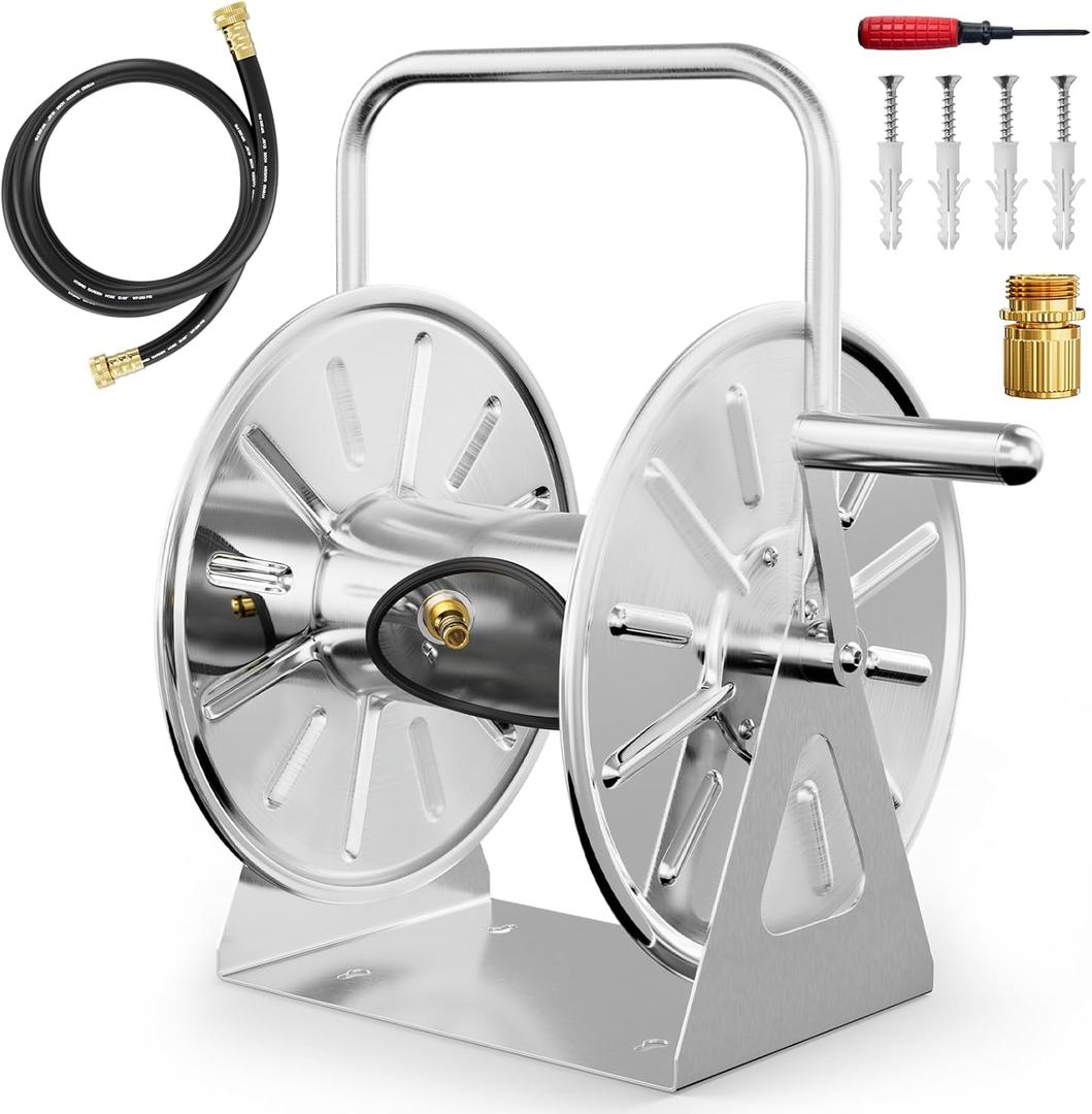 Stainless Steel Garden Hose Reel, Outdoor Metal Wall Mount/Floor Spool, Holds 75ft of 5/8 Inch Capacity, with 7ft Leader Water Pipe, 3/4 Brass Connector for Outside, Yard, Patio (Silver)
