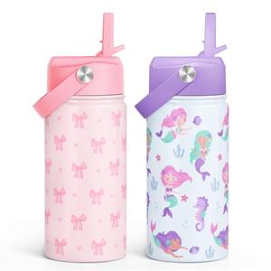 SANDJEST Kids Water Bottle with Straw Lid, Pack of 2 Insulated 12 Oz Stainless Steel Water Bottles for Girls, Travel Cup for School Sports, Bow - Mermaid