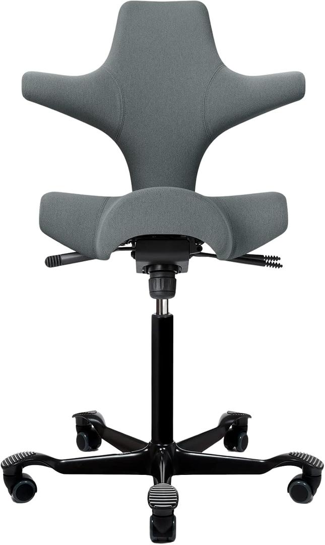 HAG Capisco Sit to Stand Chair-Black Frame-Upholstered Dark Gray, 29 inches x 29 inches x 37.5 inches