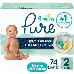 Pampers Pure Baby Diapers, Size 2 (12-18 Lbs), 74, Up To 100% Leakproof