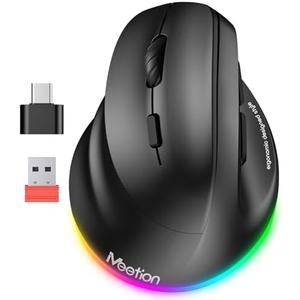 MEETION Left-Handed Mouse, Ergonomic Mouse Wireless Vertical Mouse, RGB Rechargeable Mice for Bluetooth(5.2 + 3.0) & USB-A with Type-c Adapter 4 Adjustable DPI for Mac/Windows/PC/Tablet/iPad Black