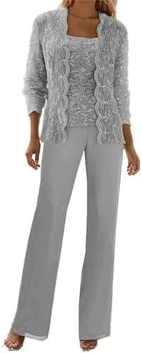 Senunlia 3 Pieces Chiffon Lace Mother of The Bride Pant Suits with Jackets Sequins Wedding Guest Dresses for Women Size 16, Silver