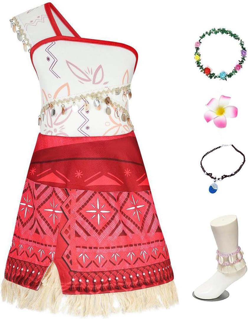 AOVCLKID Girls Adventure Costumes Moana Princess Birthday Party Dress Halloween Cosplay Outfits with Accessories(4-5 Years,Red)