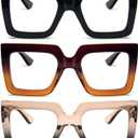 REAVEE 3 Pack Oversized Reading Glasses for Women Large Frame Extra Wide, Blue Light Blocking Readers Stylish Square Thick Eyewear, Black+Brown Orange+Tea Black, 2.0