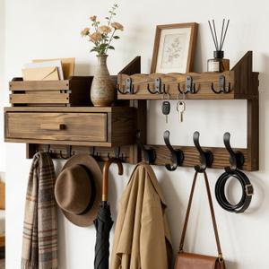 29" Coat Rack Wall Mount with Shelf & Drawer, Heavy Duty Wood Entryway Organizer, Wall Coat Hanger with 12 Metal Hooks, Wall Mounted Coat Rack Key & Mail Holder for Living Room, Bedroom