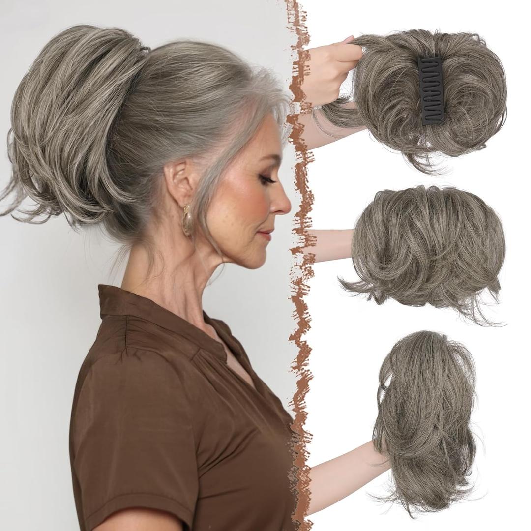 FESHFEN Claw Clip Short Ponytail Extensions - DIY Bendable Metals Fluffy Messy Bun Hair Piece Straight Synthetic Hairpieces Ponytail Extension for Women, Salt and Pepper