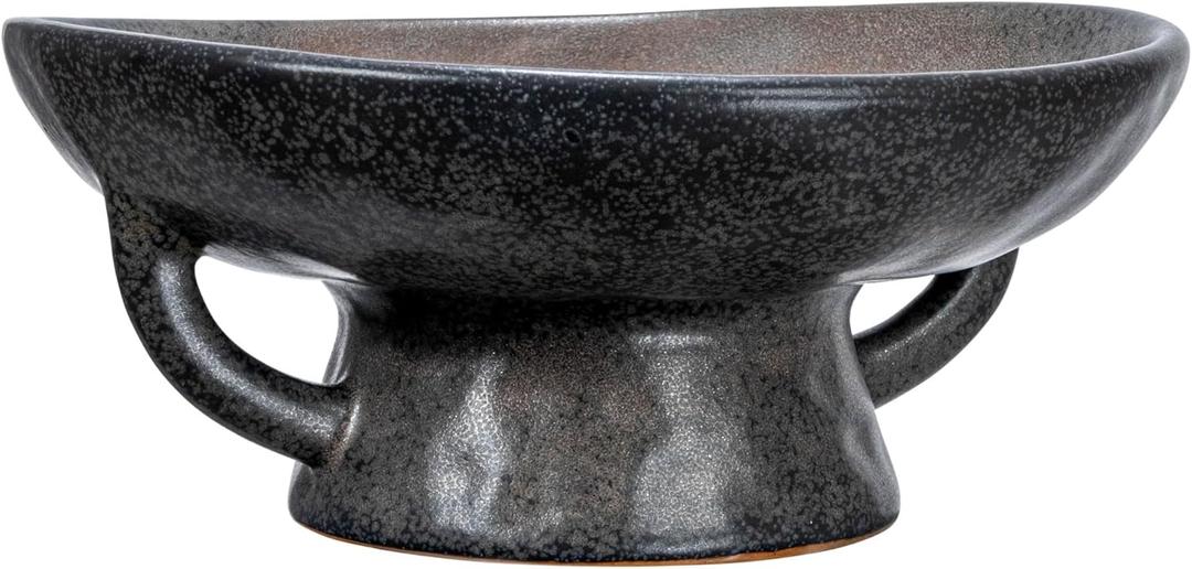 Creative Co-Op Stoneware Bowl with Handle and Base, Black Reactive Glaze (8.0" Round x 3.75" Tall)