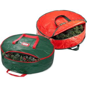 Christmas Wreath Storage Bag 24 Inch - 2 Pack Christmas Wreath Garland Storage Container with Dual Zipper & Handles, Wreath Storage Organizer Box Protect Xmas Ornaments Party Decorations (Red+Green)