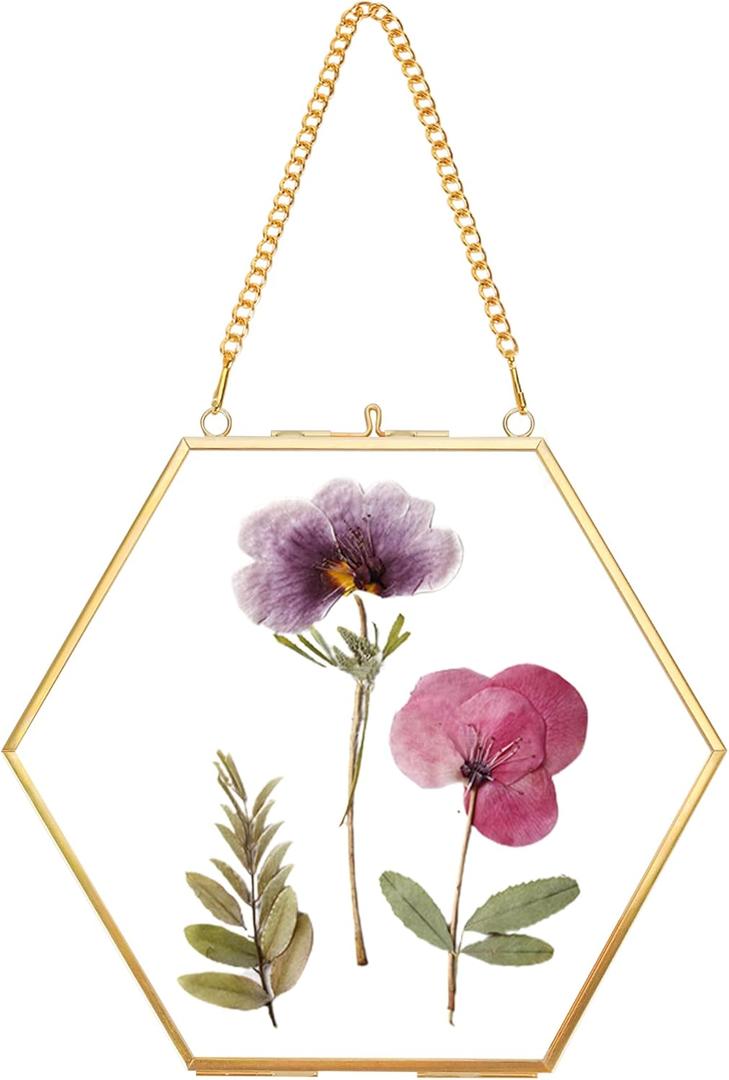 Glass Pressed Flower Frame Handmade, Double Glass, Brass Floating Picture Frames, Wall Hanging Round Picture, for Dried Flowers Home Wall Decor, Hexagon, Gold (FRAME ONLY) (6L" x 7.1W")