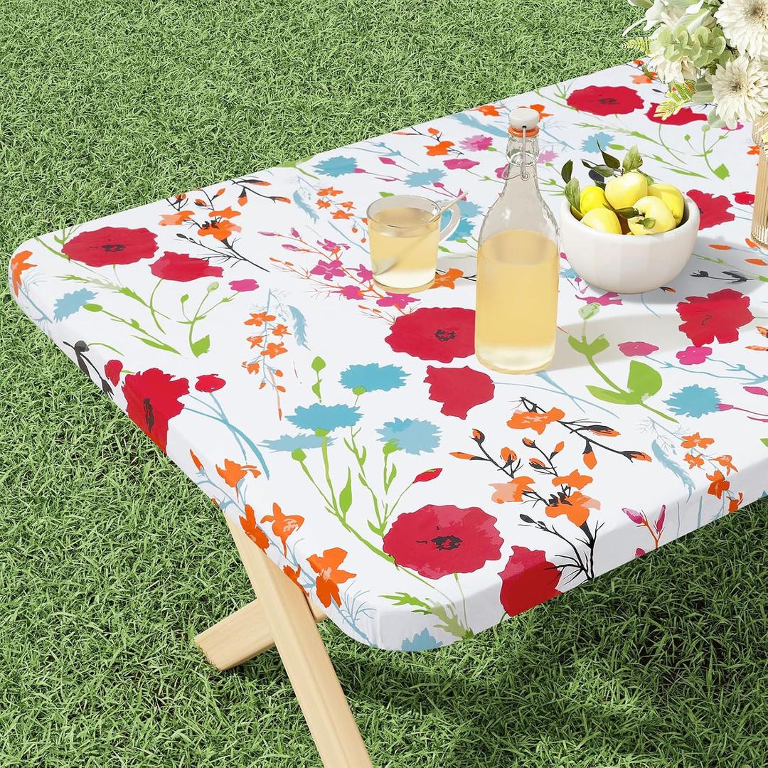 misaya Rectangle Vinyl Tablecloth, Fitted Table Cover, 100% Waterproof, Elastic Edge, Flannel Backing, Plastic Table Cloth Fit 5 Foot Folding Tables for Picnic, Camping, Outdoor (Flowers, 30x60 inch) (Off White)