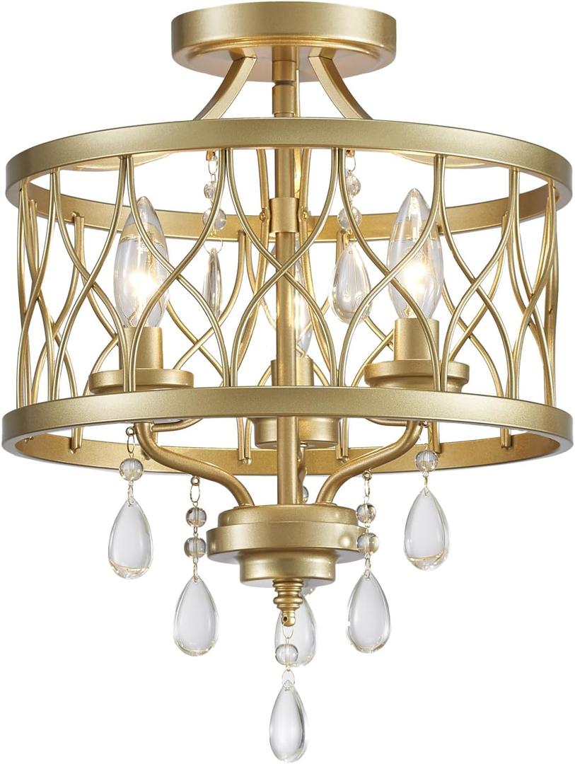 Farmhouse Crystal Ceiling Light Fixture, 3-Light Semi Flush Mount Crystal Chandelier Light Fixture Rustic Vintage Gold Pendant Ceiling Lamp for Hallway Corridor Kitchen Entryway Bedroom Living Room (16" High 12.8" Wide)