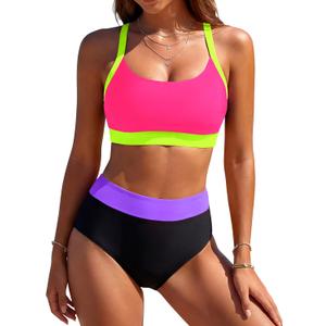Blooming Jelly Women High Waisted Bikini Sets Color Block Tummy Control Swimsuits Supportive Sporty Bathing Suit 2026, M