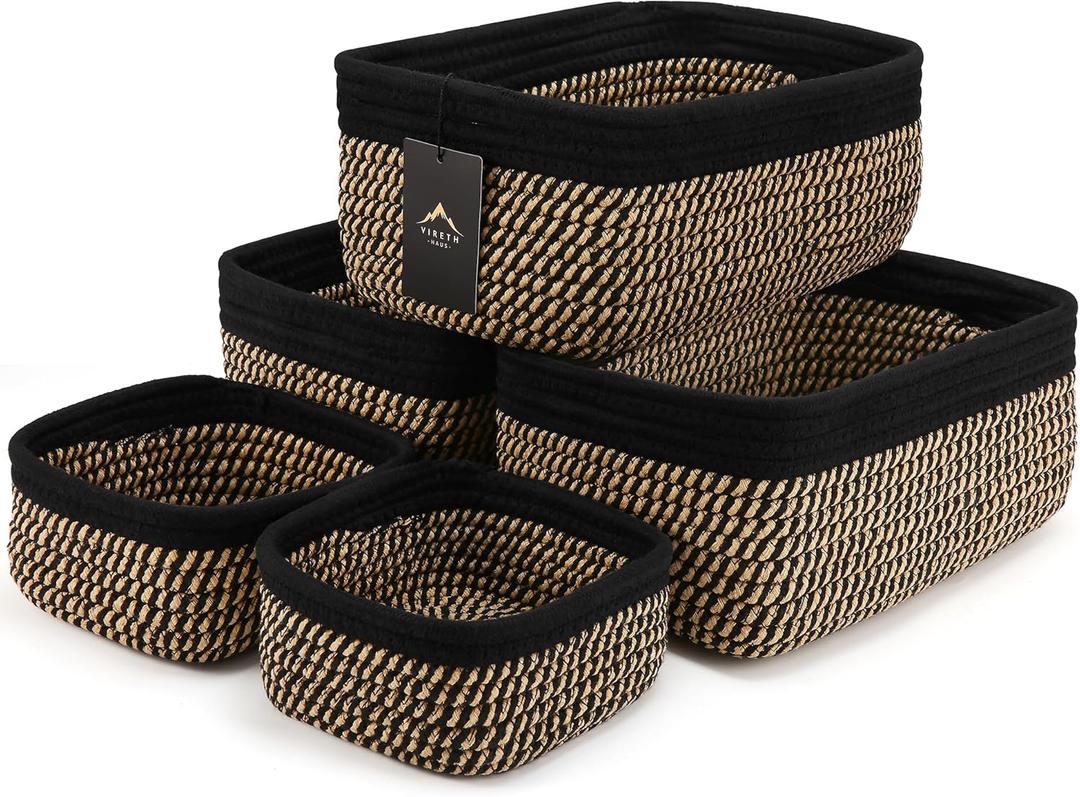 5-Pack Small Woven Rope Storage Baskets  2 Sizes Organizer Bins for Closet, Shelf, Bookshelf, Nursery, Changing Table, Fabric Cube Boxes, Rectangular Shallow Bins for Bathroom, Toy & Home (11.81*7.48*4.72'' & 5.91*5.91*2.56'', Black & Gold)