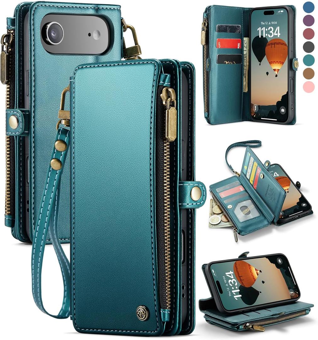 Defencase Compatible with iPhone Air Case Wallet with RFID Blocking Card Holder for Women and Men, PU Leather Magnetic Snap Flip Zipper Strap Wallet Phone Case for iPhone 17 Air 6.5", Blue Green
