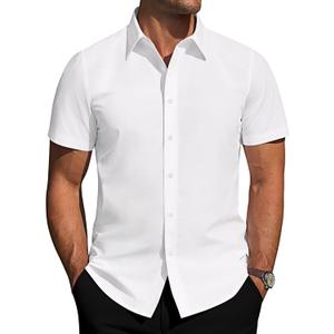 J.VER Mens Short Sleeve Button Down Shirt Stretch Business Casual Dress Shirts Solid Summer Wedding Prom Tops (XX-Large, White)