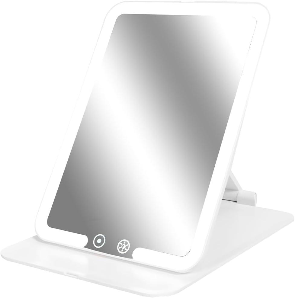 Foldable LED Makeup Mirror with Smart Sensor, 3 Light Modes, Rechargeable Travel Vanity Mirror for Desk & Travel