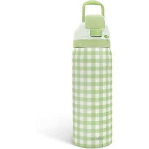 Gingham Pattern Insulated Stainless Steel Water Bottle with Straw, Push-Button Lid, 32 Ounce, Gifts for Women Girls Friends Teens Birthday Christmas (Green)