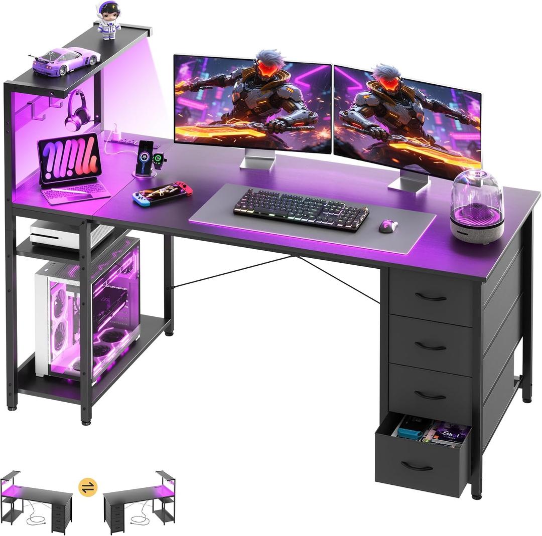 55in Gaming Computer Desk with Drawers & Storage Shelf & Iron Hook, Black