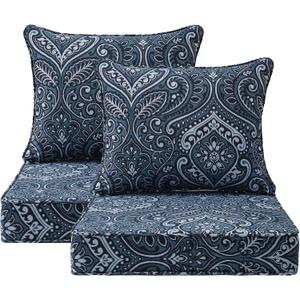 Outdoor Patio Chair Cushions Set, 24" x 24", Set of 2, Water-Repellent, Fade Resistant, Deep Seat Bottom and Back Cushion for Backyard, Couch, Sofa and Patio Furniture, Damask Blue Flower