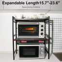 3-Tier Microwave Oven Rack, 15.7~23.6" Expandable Microwave Stand, Countertop Utensils Tableware Storage, Heavy Duty Carbon Steel Kitchen Organizer Shelf w/6 Hooks and Cutting Board Holder