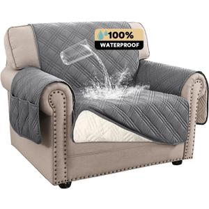 PrinceDeco 100% Waterproof Chair Sofa Slipcover for Living Room Water Resistant Couch Cover Furniture Protector Cover with Elastic Straps for Pets Kids Children Dog Cat(Chair 23", Grey)