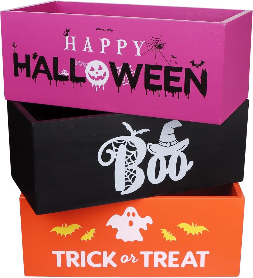 3 PCS Halloween Candy Bowl Wooden Funny Candy Dish Large Trick or Treat Dish Holders Boo Wood Serving Black Orange Purple Bowl Tableware for Halloween Party Decorations Corn Holiday Decor