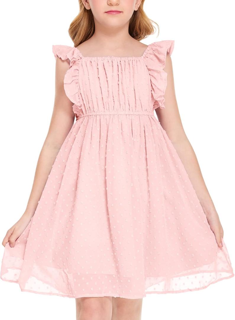 Girls Ruffle Sleeve Swiss Dot Dress Stretchy A-Line Flutter Sleeve Casual Dress for 5-12 Years Kids (10-11 Years, Light Pink)
