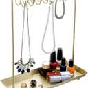 MyGift 14 Inch Brass Metal Jewelry Organizer Stand for Necklaces with 20 Hooks and Ring Tray