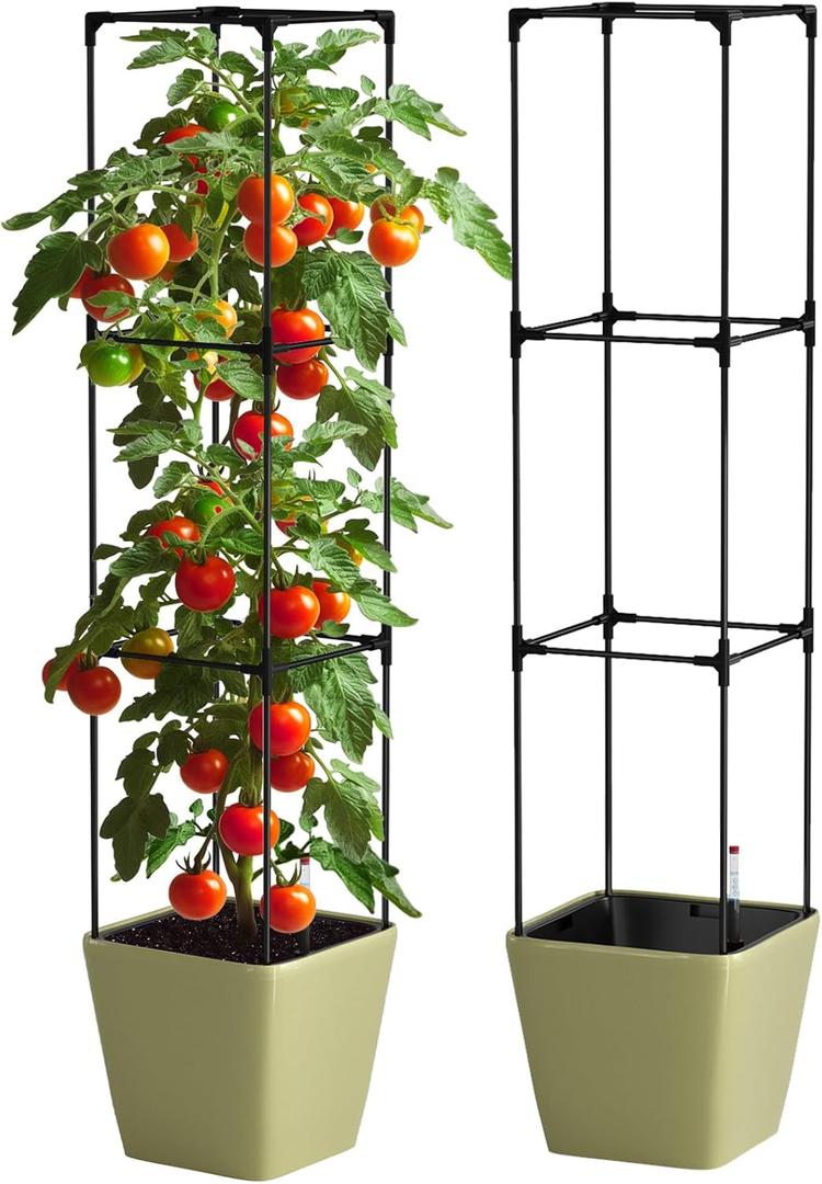 DoCred Self Watering Tomato Planter with Trellis, Large Flower Pot with Water Level Monitor, Square Garden Planters Plant Pots for Outdoor & Indoor Plants Flowers Decor, Gold