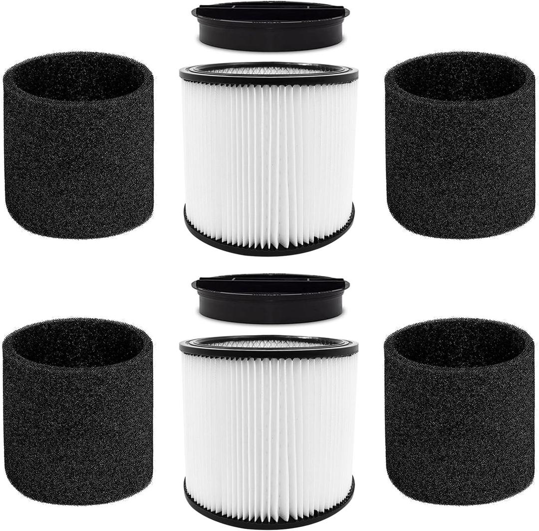 CERO 90304 Replacement Filter for Shop Vac 90304, 90350, 90333, 90585, 5 Gallon and Above Wet/Dry Vacuum Cleaners (2 replacement filter+2 lids+4 foam sleeve filters)