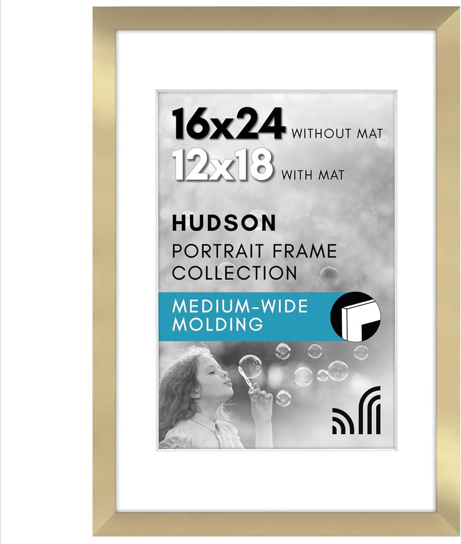 Americanflat 16x24 Poster Frame with Polished Plexiglass - Use as 12x18 Frame with Mat or Display 16x24 Photo Without Mat - Hudson Collection - Wide Picture Frames for Wall Display - Gold