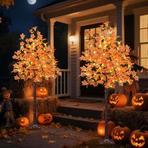 2-Pack 6 Ft Lighted Maple Trees, 240 Warm White LEDs, Fall Decor | Set of 2 with 120 warm white LEDs per tree, 24V low-voltage power, IP44 rating, and 8 ground stakes included
