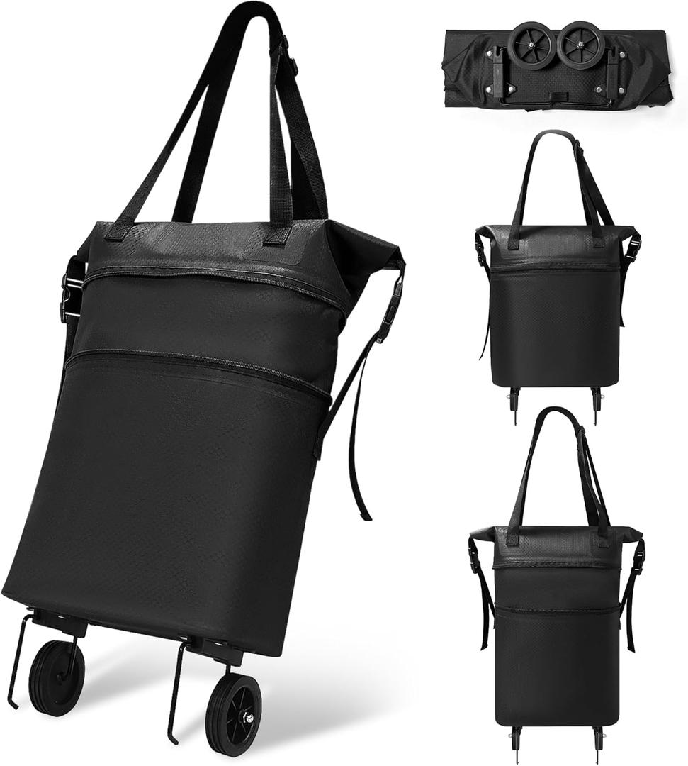 Rolling Duffle Bag with Wheels, Expandable Travel Duffle, Foldable Water-Resistant Shoulder Bag for Men & Women, Lightweight Portable Small Travel Bag for Trips, Camping, Shopping (Black)