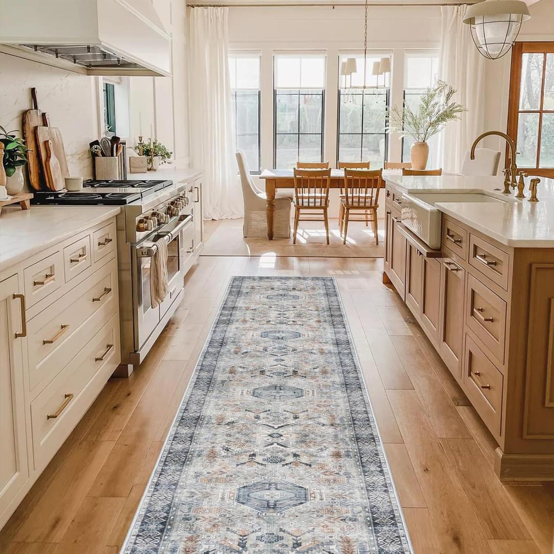 Washable Kitchen Runner Rug 2x10: Non-Slip Hallway Entryway Rugs Indoor Soft Low Pile Stain Resistant Carpet for Bedroom Laundry Ultra-Thin Vintage Home Decor Mat for Bathroom (Grey/Blue, 2 x 10)
