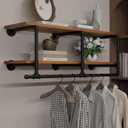 Wall Mounted Clothes Rack 12 Inch Deep, 42 Inch Heavy Duty Garment Rack with Real Walnut Wood Shelf, Multi-Purpose Hanging Rod & Space-Saving Closet Storage Organizer