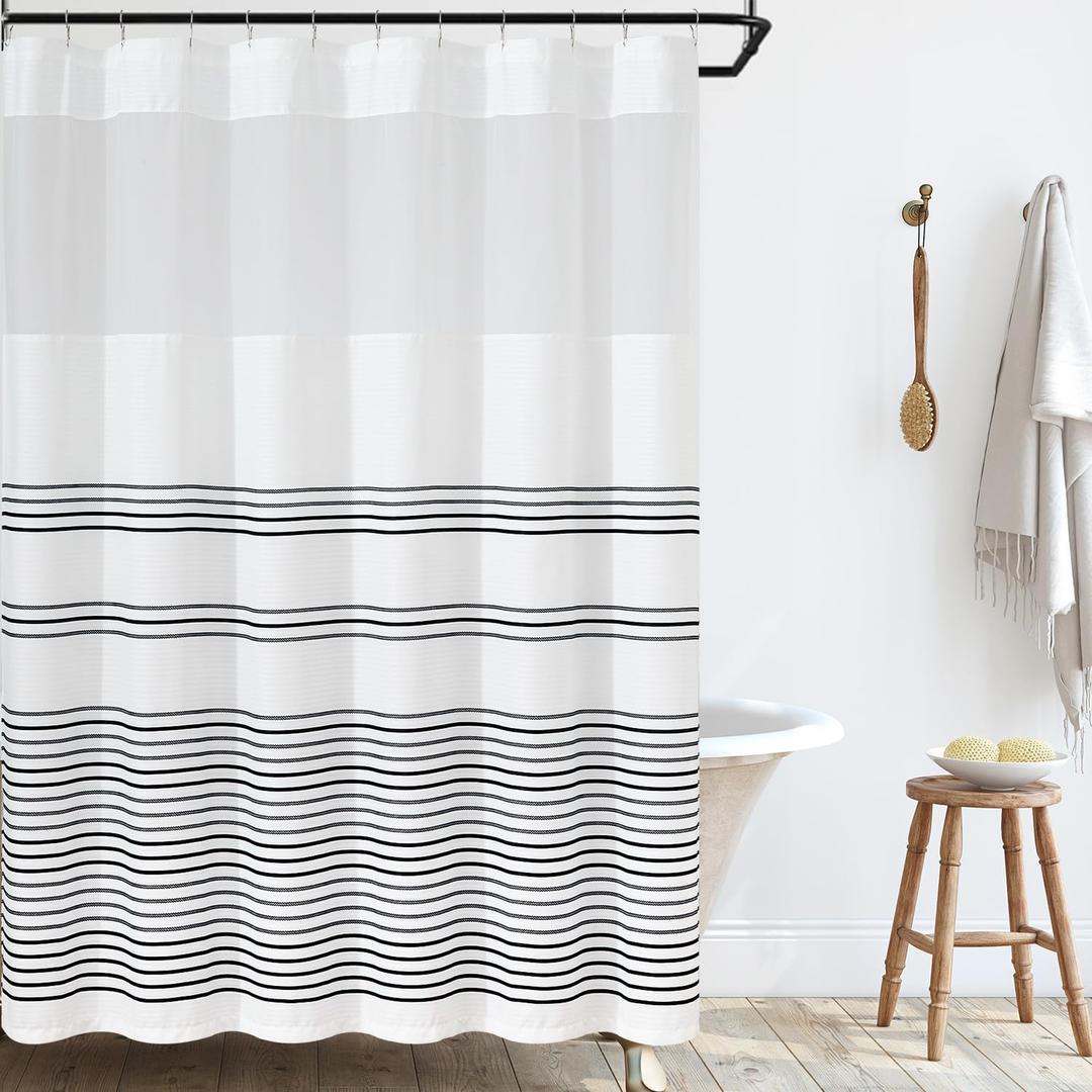jinchan Navy Blue and White Shower Curtain with See Through Window Modern Striped Waterproof Fabric Shower Curtains for Bathroom with 12 Hooks 70x72 inches (A5. Striped Black + Sheer Panel)